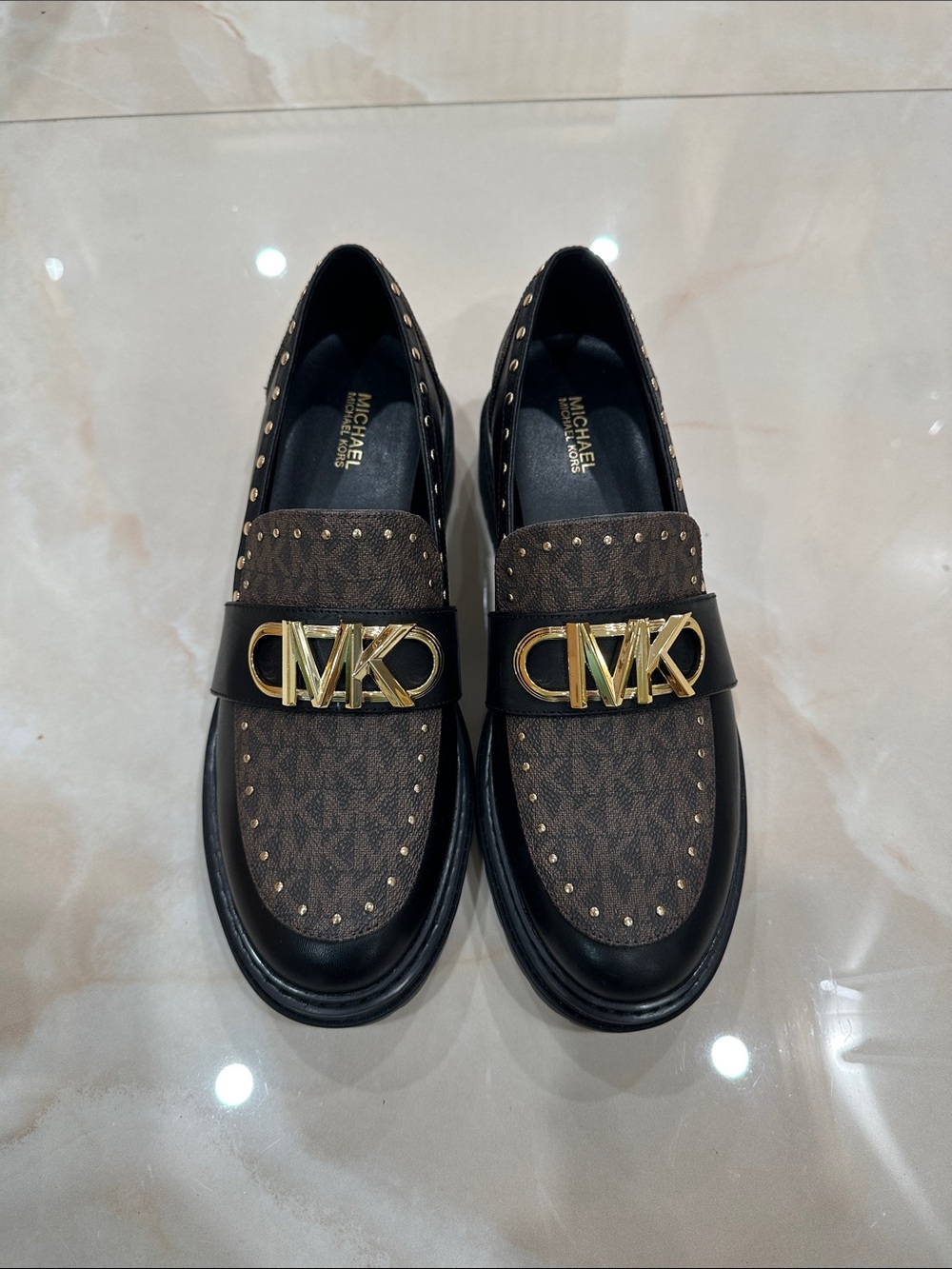 Michael Kors Brown & Black Logo Penny Loafers with Gold MK Hardware